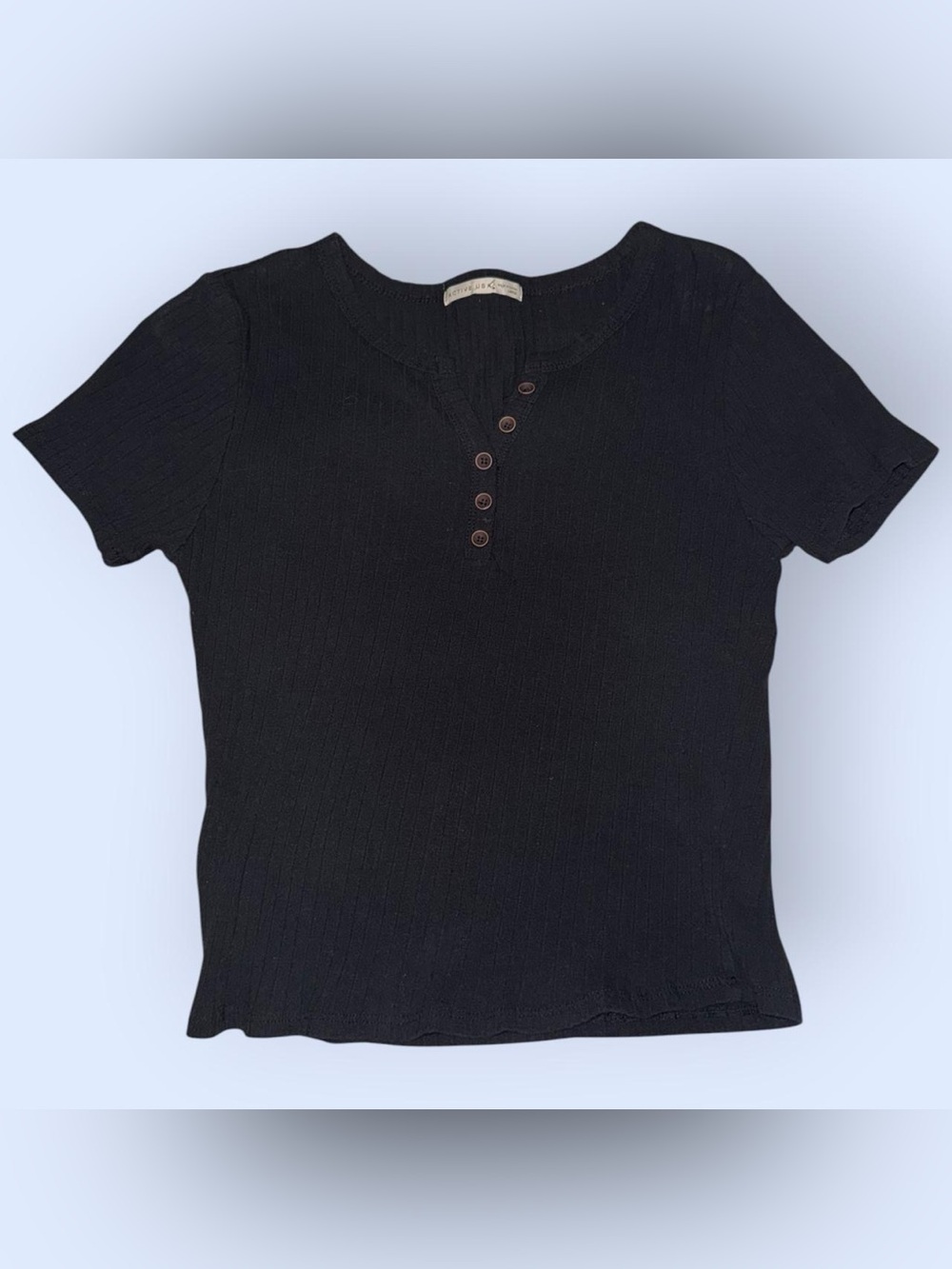 Active USA Black Ribbed Henley Short Sleeve Top